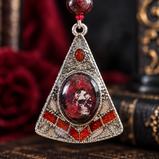 Zoom sur le pendentif des boucles gothiques Les Joyaux Engloutis, émaillage artisanal à la main en transparence