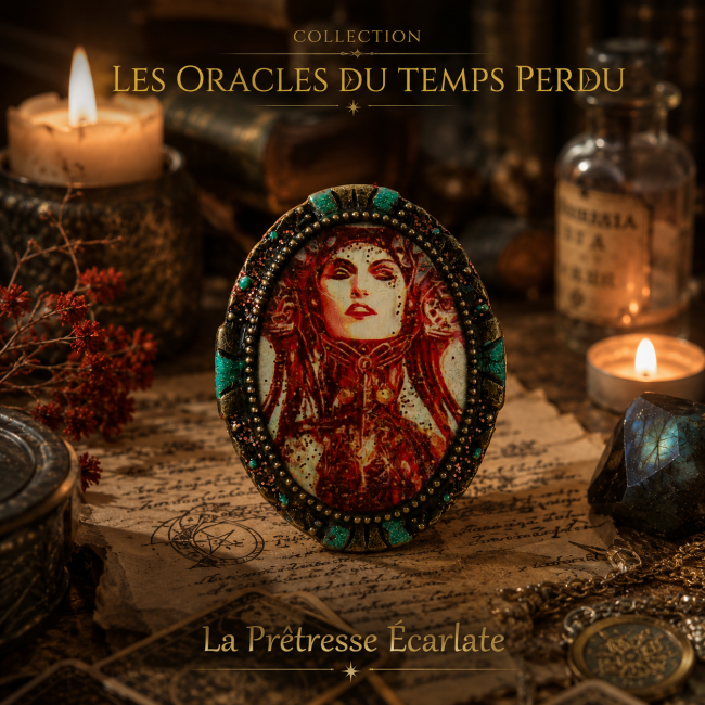 Bague La Prêtresse Écarlate en laiton, ornée d’un médaillon ovale ciselé et émaillé à la main, inspiré des mythologies ancestrales.