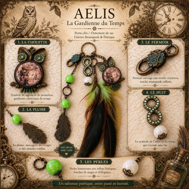 Tableau steampunk vintage présentant les détails du porte-clés Aelis La Gardienne du Temps avec chouette, plume, perles et symbole infini.