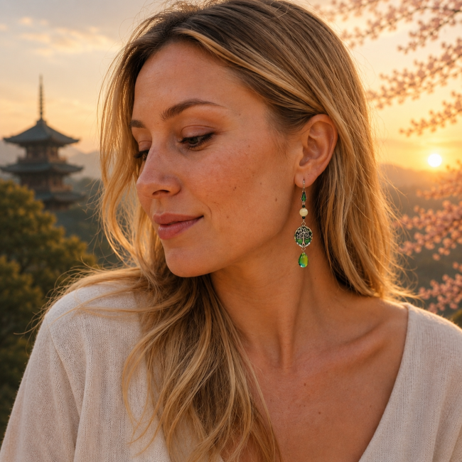 Portrait d’une femme blonde portant les boucles d’oreilles artisanales Kodama « La Sève Lunaire ». Bijou inspiré des esprits de la forêt japonaise, amazonite et pendentif arbre de vie dans une ambiance douce d’estampe japonaise contemporaine.