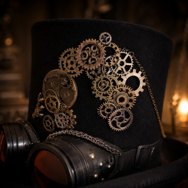 Détails du chapeau steampunk Cyrus avec engrenages et lunettes vintage Zoom sur les détails du chapeau steampunk artisanal Cyrus avec engrenages métalliques, lunettes rétro et finitions inspirées de l’univers victorien.