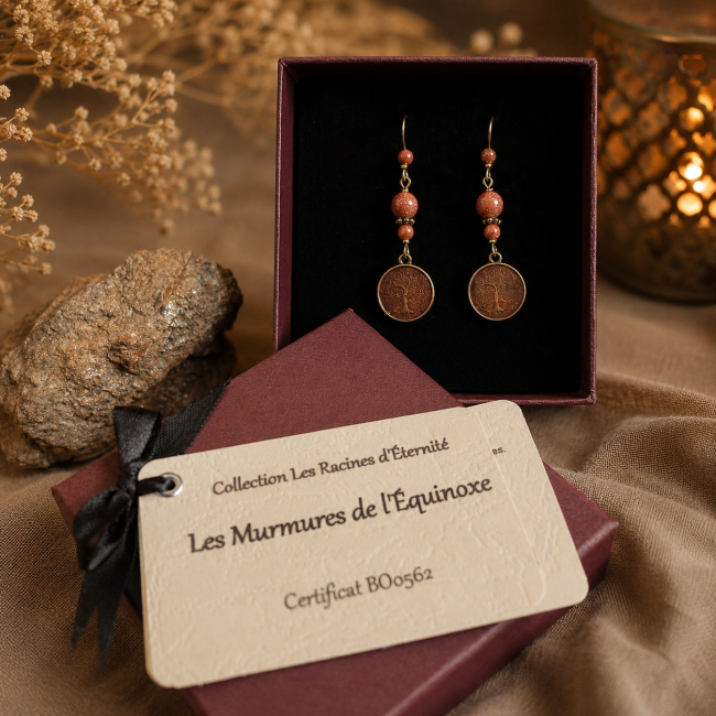 Les Murmures de l'Équinoxe – Coffret cadeau prêt à offrir Boucles d'oreilles Les Murmures de l'Équinoxe présentées dans leur écrin avec carte d'identification