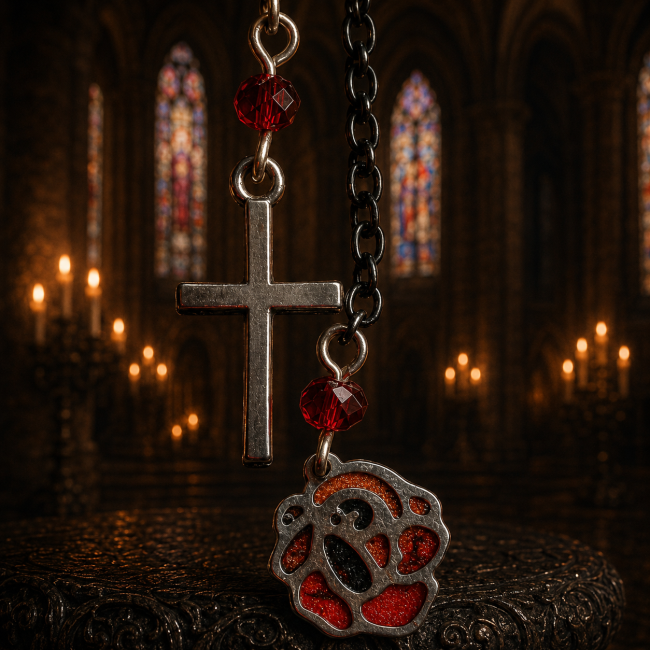 detail croix argentee medaille rouge Calvéraëlle style gothique jpg Les ornements suspendus de Calvéraëlle prolongent l’atmosphère ésotérique du bijou avec une élégance sombre et cérémonielle.