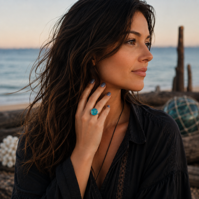 Bague femme 3D Le Chant des Abysses porté par une femme décor bord de mer Bague artisanale Le Chant des Abysses portée dans un décor marin, avec son cabochon bleu turquoise aux reflets aquatiques, inspiré des profondeurs mystérieuses de l’océan.