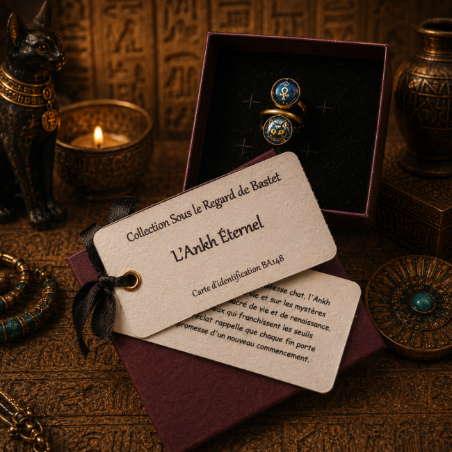 L’Ankh Éternel – Écrin et carte d’identification Bague L’Ankh Éternel présentée dans son écrin avec ses cartes d’identification de la collection Sous le Regard de Bastet