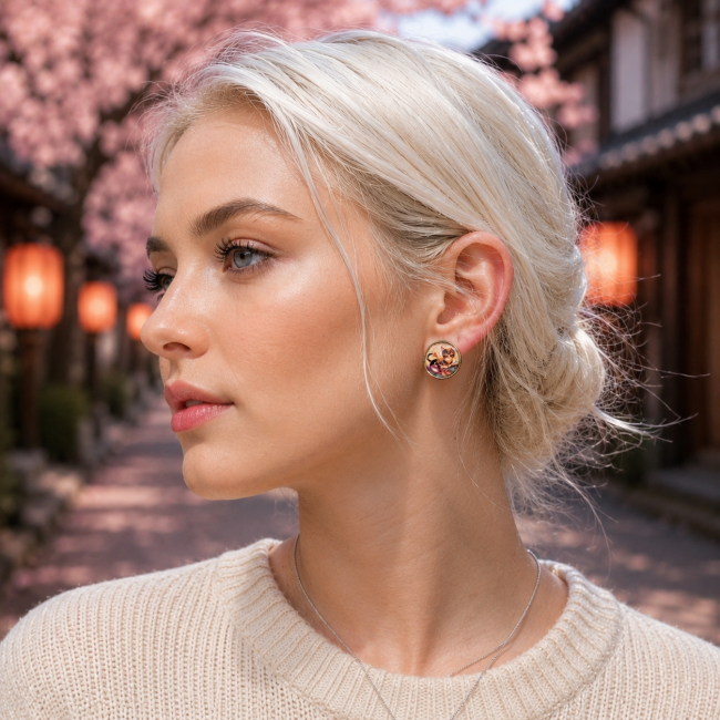 Boucles d’oreilles Le Chat de la Lune – Grand clou cabochon émaillé porté femme Boucles d’oreilles grand clou Le Chat de la Lune en cabochon émaillé artisanal diamètre 25 mm. Bijou félin mystique au style poétique et japonais, porté sur modèle dans une ambiance douce aux cerisiers en fleurs.
