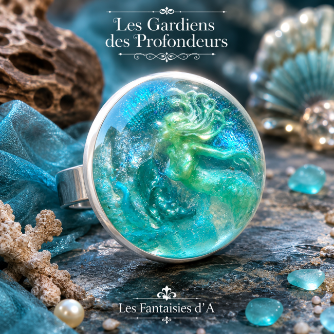 Le Chant des Abysses – Bague femme artisanale avec sirène Le Chant des Abysses, bague femme réglable en acier inoxydable argenté, ornée d’un cabochon turquoise avec sirène et décor marin en relief 3D, émaillé artisanalement à la main.