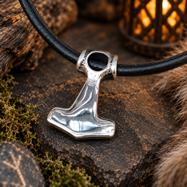 Collier viking agenre en cuir – Vue arrière du pendentif Découvrez l’arrière du pendentif du Serment du Tonnerre, avec sa finition et son cordon en cuir noir, réalisé dans un esprit artisanal viking.