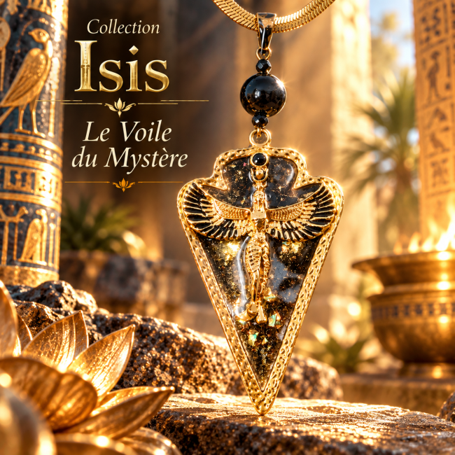 Collier artisanal Le Voile de Mystère de la Collection Isis, bijou doré et noir inspiré de la mythologie égyptienne