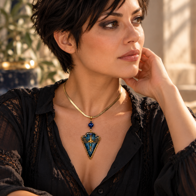 Le Souffle du Ciel, collier Isis en lapis-lazuli porté Collier artisanal Le Souffle du Ciel porté sur une tenue noire, avec pendentif bleu et doré inspiré de la déesse Isis.