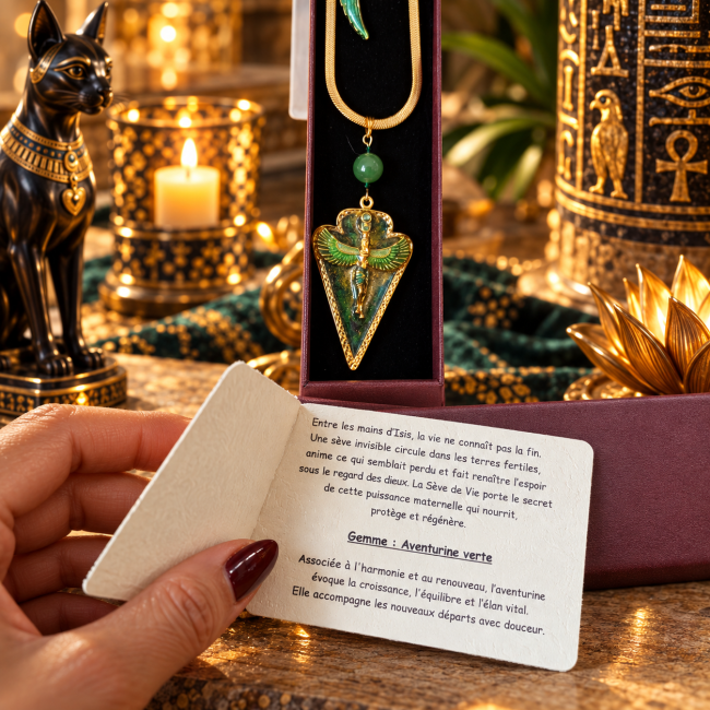 Collier Isis La Sève de Vie dans son écrin avec carte artisanale et aventurine verte