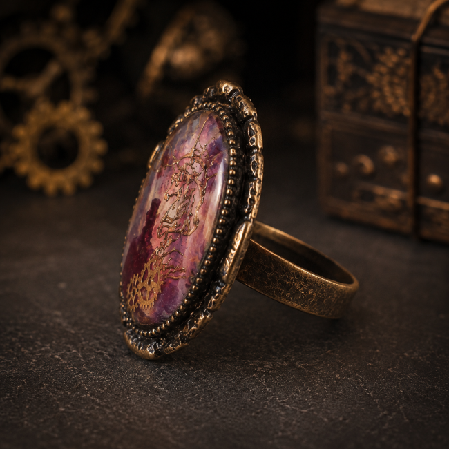 Vue de profil du Sceau du Capitaine, bague steampunk femme en laiton avec large cabochon ovale émaillé à la main et monture réglable.
