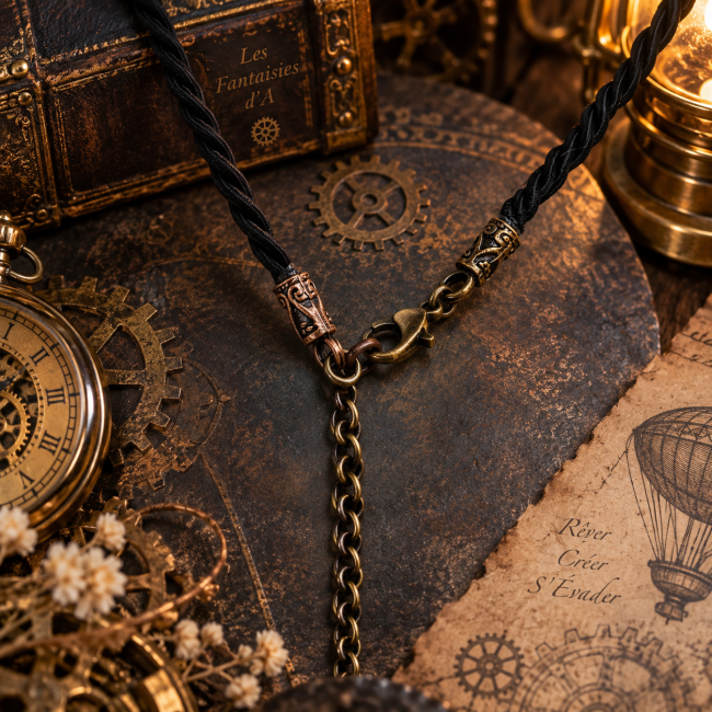 Vue détaillée du fermoir du collier Le Cœur de la Licorne. Les éléments métalliques aux finitions bronze, le mousqueton et la chaîne d’extension prolongent l’esthétique mécanique et vintage de cette création steampunk artisanale.