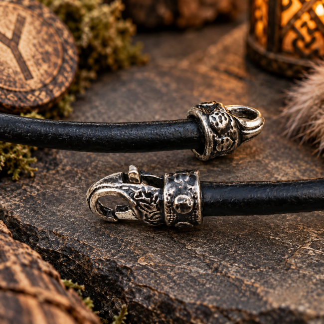 Fermoir de collier viking sur cordon en cuir – Détail artisanal Détail artisanal du fermoir du collier viking Le Serment du Tonnerre, associant cordon en cuir noir et éléments métalliques aux motifs inspirés de la mythologie nordique.