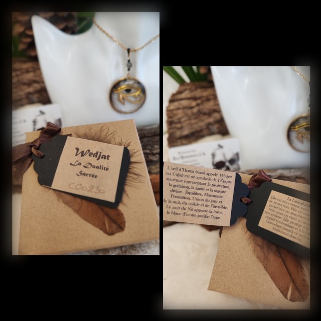 Collier Wedjat livré dans son écrin avec cartes d’identification et lithothérapie – Bijou artisanal fait main | LES FANTAISIES D'A Collier Wedjat dans son écrin personnalisé avec carte d’identification numérotée et carte de lithothérapie, racontant l’histoire de l’Œil d’Horus, bijou artisanal symbolique et protecteur