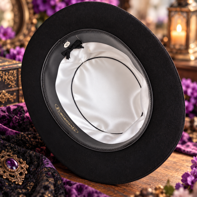 Chapeau Mina – Intérieur doublé de satin blanc Intérieur du chapeau Mina en pure laine pressée avec doublure en satin blanc