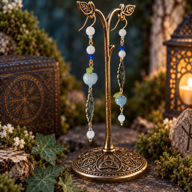 Une création artisanale inspirée des jardins d’Asgard : Le Secret des Pommes d’Or associe ornements aux motifs végétaux, émaillage artisanal et perles délicates dans l’esprit d’Idunn.