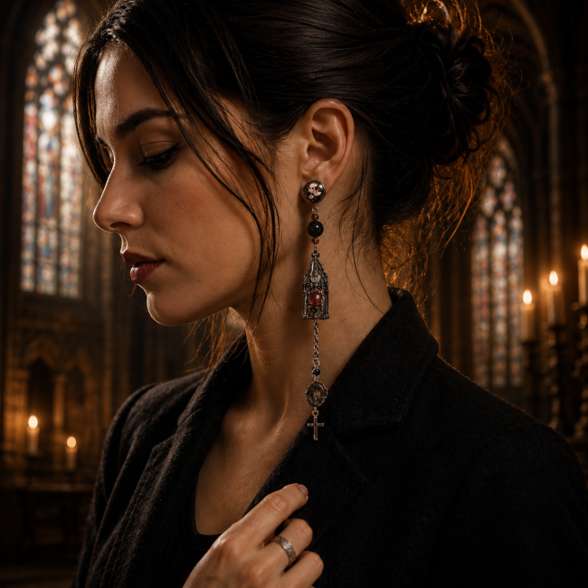 Mise en scène réaliste des boucles d’oreilles Lucerna Mortis portées dans un univers de cathédrale gothique à la lumière des bougies. Cette création artisanale de la collection « Les Sœurs de la Nuit » révèle toute l’élégance sombre et mystique du bijou à
