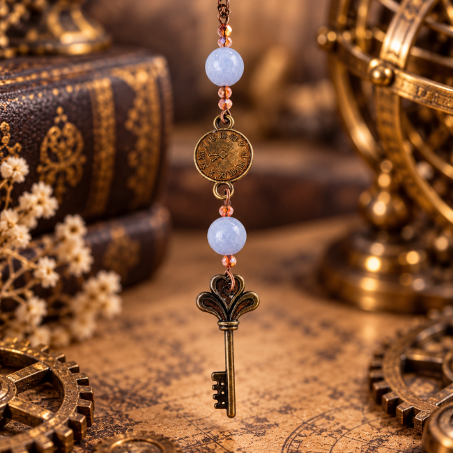 Détail de la breloque du Gardien des Archives, composée d'une clé d'inspiration ancienne, de perles et d'éléments métalliques. Un détail symbolique qui accentue l'univers mystérieux et steampunk du collier.