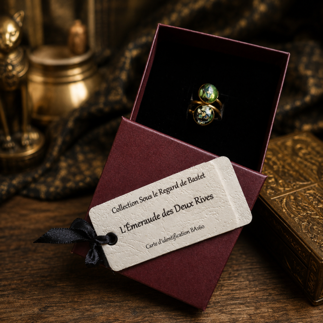 Bague L’Émeraude des Deux Rives présentée dans son écrin avec sa carte d’identification, dans un décor inspiré de l’Égypte ancienne