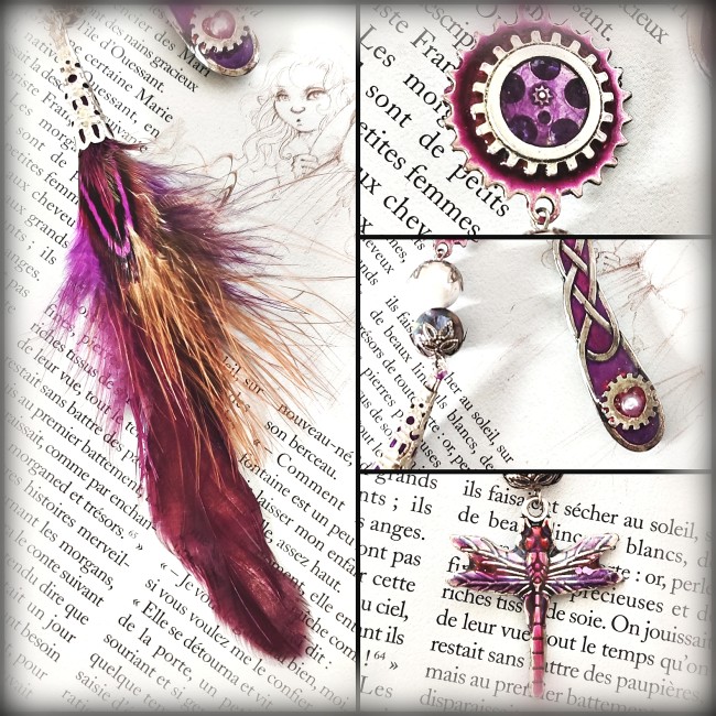 détails du marque-pages steampunk Aléthée plumes libellule engrenages émaillés et base en forme de crosse