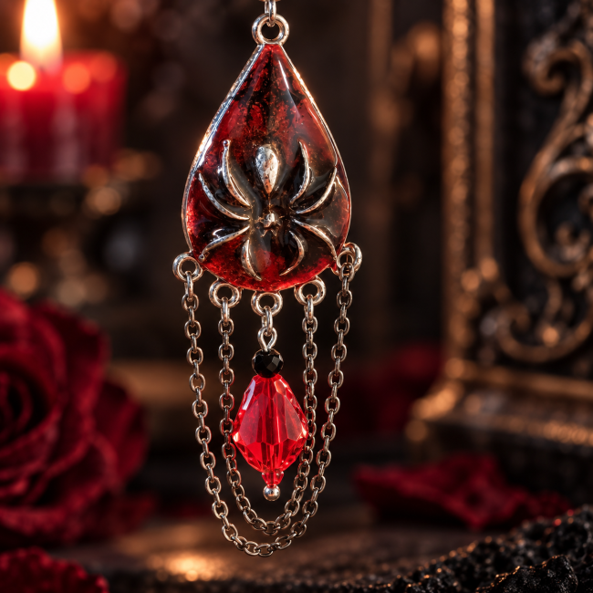 Le Fil d’Atropos – Détail d’une boucle d’oreille gothique Détail de boucle d’oreille gothique Le Fil d’Atropos avec émaillage artisanal rouge en transparence