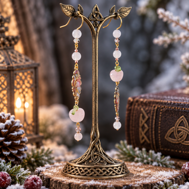 boucles-oreilles-fruit-eternite-quartz-rose-emaille-main-viking Boucles d’oreilles Le Fruit d’Éternité avec perles de quartz rose, pommes roses et ornements dorés émaillés à la main