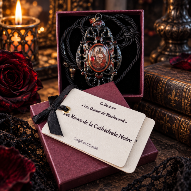 Collier gothique pièce unique Les Roses de la Cathédrale Noire présenté dans son écrin