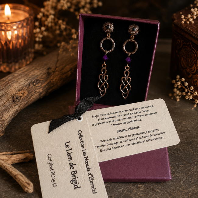 Coffret cadeau Le Lien de Brigid avec certificat Coffret cadeau contenant les boucles d'oreilles Le Lien de Brigid avec carte d'identification et texte de collection Les Nœuds d'Éternité.