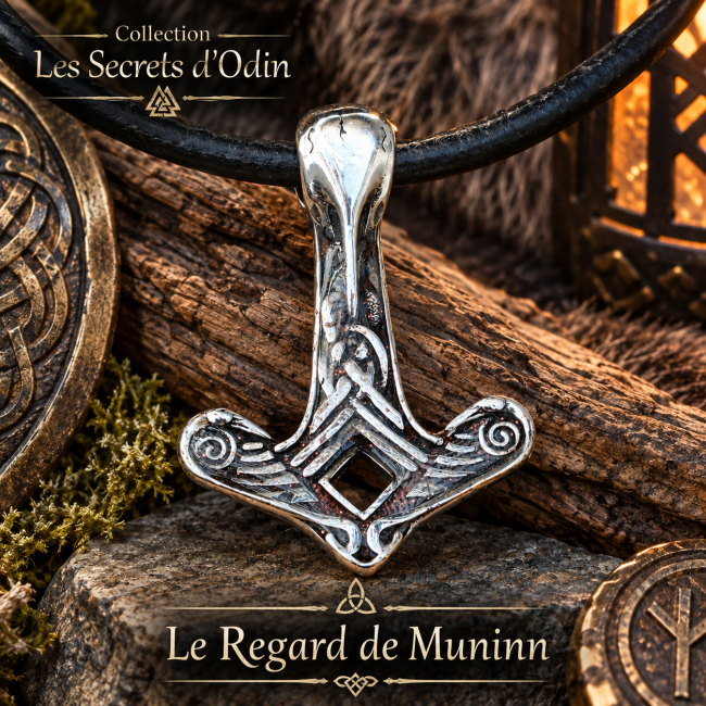 Collier viking Le Regard de Muninn – Artisanat d’art nordique Collier viking Le Regard de Muninn, création artisanale inspirée des corbeaux d’Odin et de la mythologie nordique. Un bijou d’art au caractère puissant, façonné dans un esprit authentiquement scandinave.