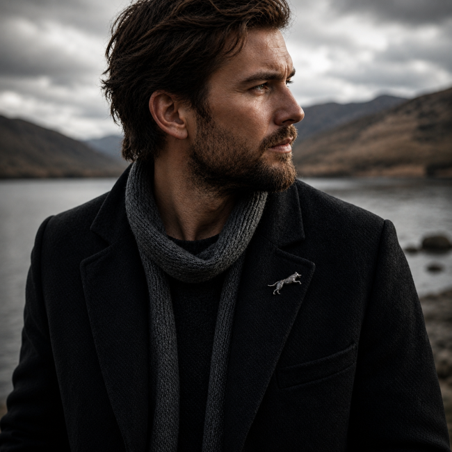 Homme portant une broche artisanale représentant Hati, le loup du Ragnarök, sur un manteau sombre dans un paysage nordique sauvage et brumeux.