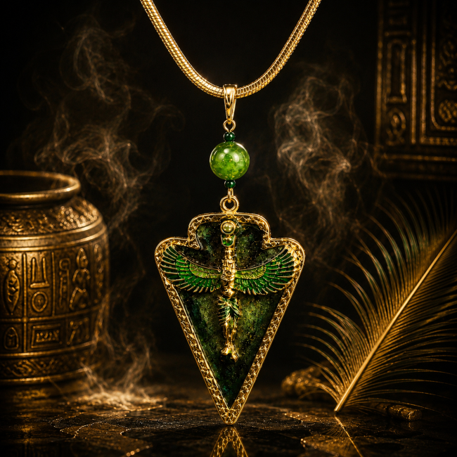 Découvrez le collier Isis « Sève de Vie », un bijou mystique en aventurine verte inspiré de l’Égypte antique. Création dorée symbolisant renaissance, harmonie et protection.