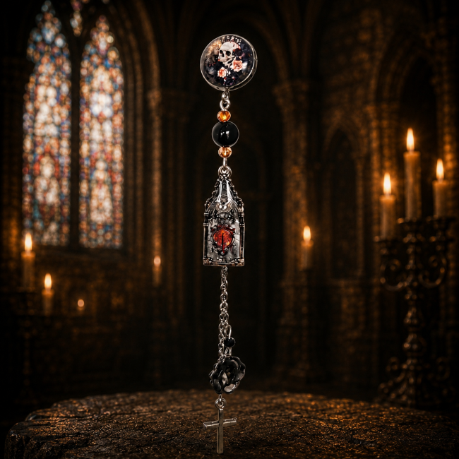Boucle d’oreille gothique Lucerna Mortis avec cœur sacré rouge et croix argentée dans une cathédrale gothique éclairée à la bougie.