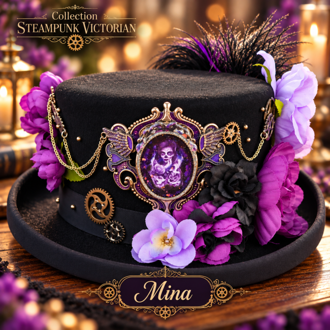 Chapeau Mina – Haut-de-forme cavalière steampunk victorien Chapeau Mina haut-de-forme cavalière steampunk en pure laine pressée, orné de fleurs violettes, plumes et engrenages