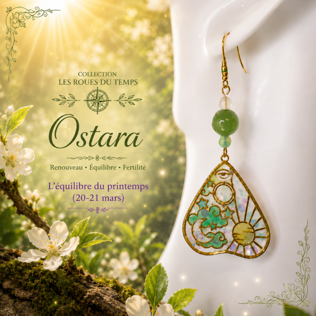 Boucles d’oreilles artisanales Ostara inspirées des traditions wicca et de la Roue du Temps. Un bijou féerique aux teintes vertes et dorées présenté dans une ambiance nature printanière, douce et mystique.