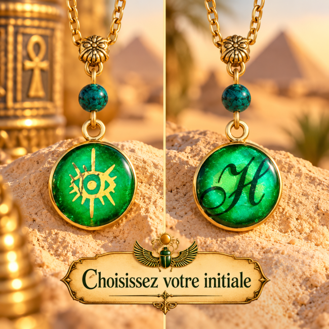 Collier Khepri Le Cycle Éternel – Initiale personnalisable Le Cycle Éternel associe un médaillon vert émaillé au symbole solaire à une initiale personnalisable, dans l'esprit de l'Égypte ancienne.