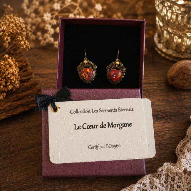 Le Cœur de Morgane présenté dans son écrin Boucles d'oreilles Le Cœur de Morgane présentées dans leur écrin avec certificat d'authenticité