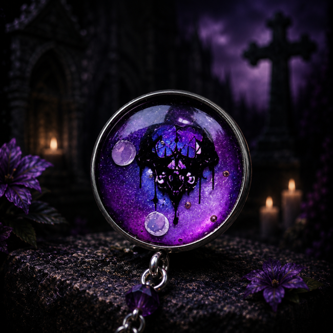Clou d’Oreilles Émaillé Noctilith | Collection Les Sœurs de la Nuit Zoom sur le clou d’oreilles émaillé à la main Noctilith de la collection Les Sœurs de la Nuit dans un décor de cimetière gothique aux lumières violettes.