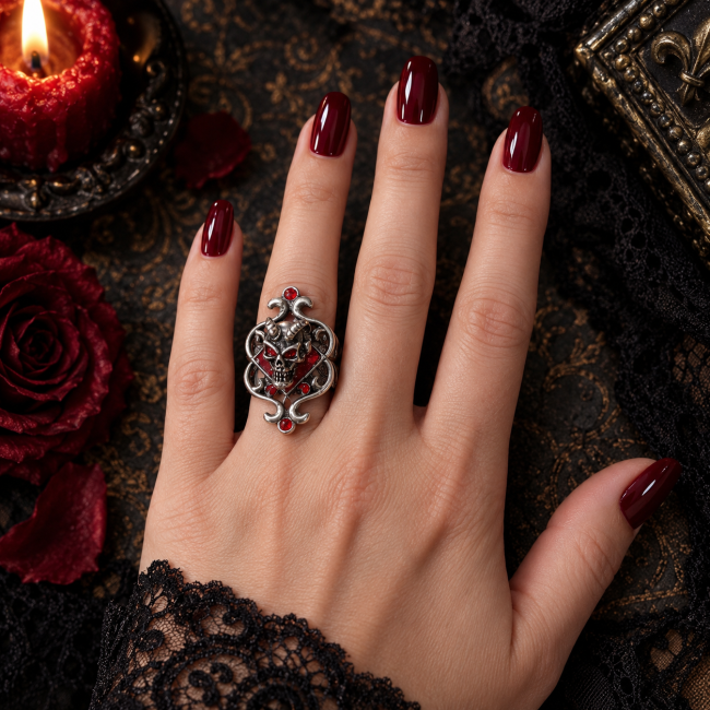 Bague gothique femme Le Bal de Méphistophélès portée Le Bal de Méphistophélès porté par une femme, dans une mise en scène élégante et gothique associant dentelle noire, détails rouges et bijou artisanal.