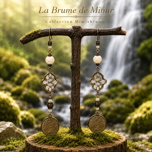 Présentation des boucles d’oreilles artisanales La Brume de Mimir de la collection Mimisbrunnr. Nœuds celtiques émaillés nacrés, perles décoratives et médaillons Arbre de Vie en laiton vieilli dans un décor de cascade nordique lumineux et apaisant.