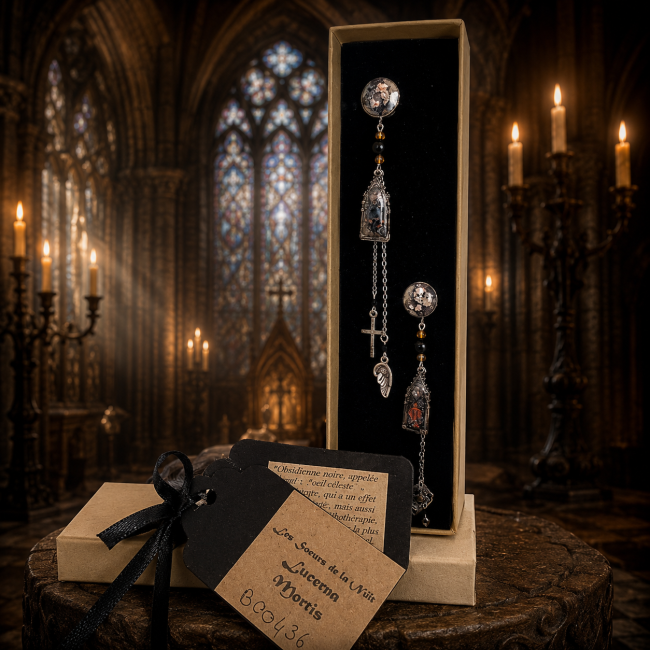 Boucles d’oreilles Lucerna Mortis de la collection Les Sœurs de la Nuit présentées dans un écrin noir avec carte numérotée, décor de cathédrale gothique et lumière tamisée.
