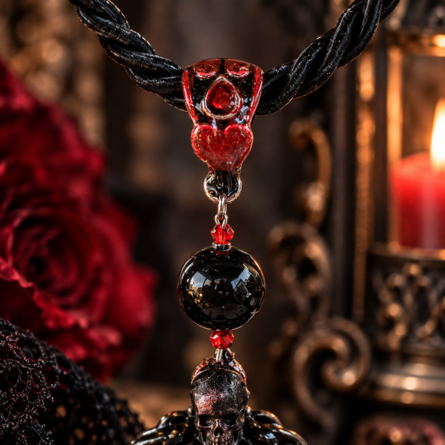 Détail du collier gothique La Clef du Sang de Dragon – Artisanat Détail artisanal du collier gothique La Clef du Sang de Dragon avec cordon noir, élément rouge et perle noire