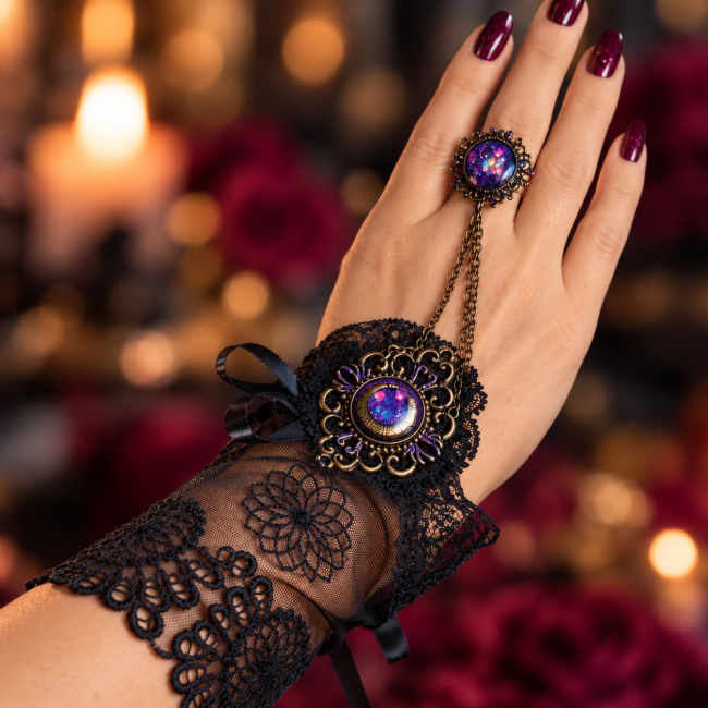 Manchette Le Talisman de Lady Ashcombe portée sur la main avec bague ajustable en laiton et trois chaînes reliant l'ornement victorien