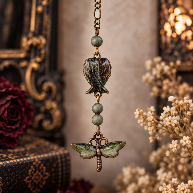Chaîne d’embellissement du collier gothique avec perles vert nacré mat, ailes d’ange et libellule émaillées