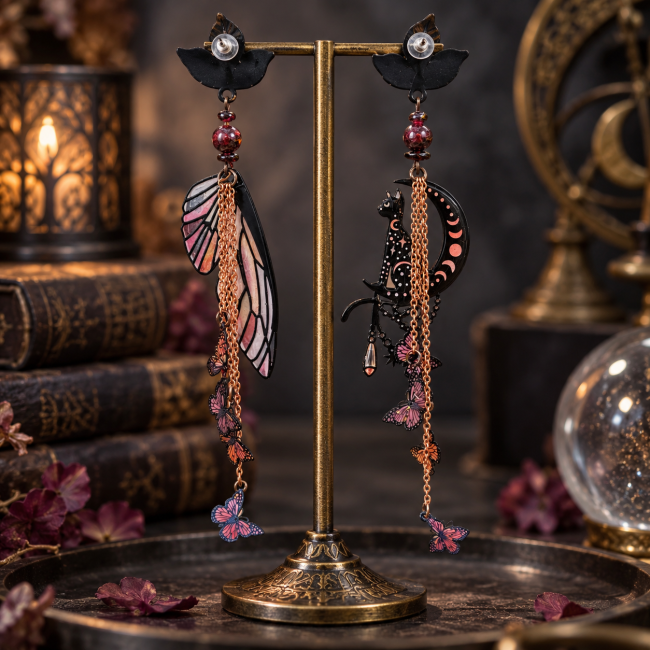 Vue arrière détaillée des boucles d’oreilles Le Chat des Treize Lunes révélant les finitions, les chaînes cuivrées, les ailes et les papillons.