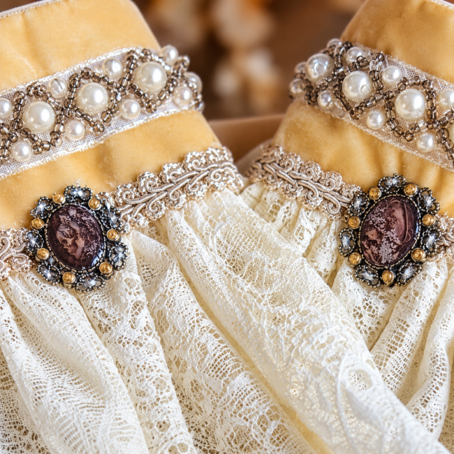 Gros plan sur les médaillons à cabochons émaillés des manchettes Le Dernier Regard d’Eurydice, entourés d’ornements argentés sur dentelle ivoire et velours bistre.