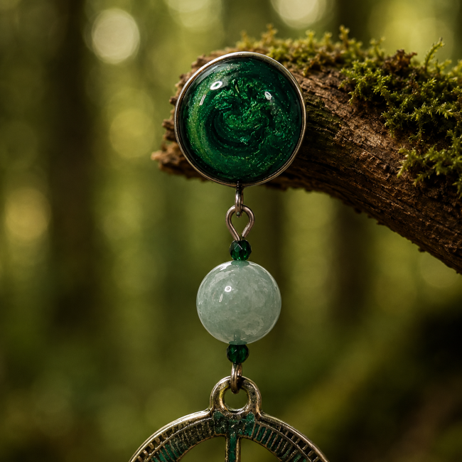 Gros plan sur le cabochon émaillé à la main en camaïeu de verts et la perle de jade naturelle des boucles d'oreilles Nerthus. Chaque détail reflète le savoir-faire artisanal et l'énergie apaisante associée à la déesse de la Terre.