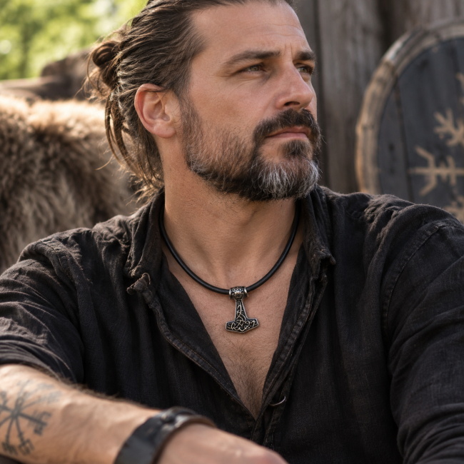 Collier viking homme en cuir – Pendentif émaillé nordique Le Serment du Tonnerre porté par un homme : un collier viking artisanal sur cordon en cuir noir, au pendentif ajouré inspiré des traditions nordiques.