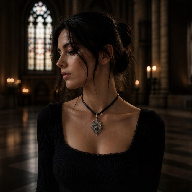 Collier lucerna mortis porté en ambiance cathédrale lumière douce style gothique contemporain