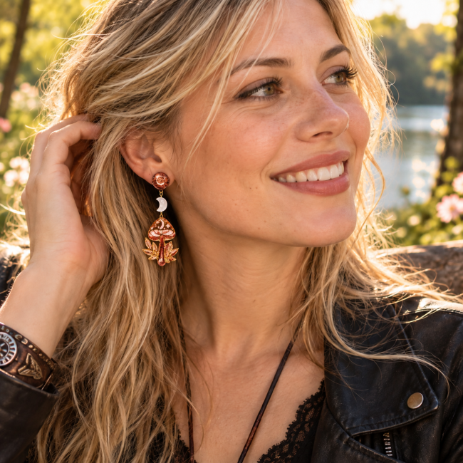 Jeune femme blonde souriante portant les boucles d’oreilles L’Éclat des Fées, création artisanale en nacre et émail inspirée de l’univers féerique